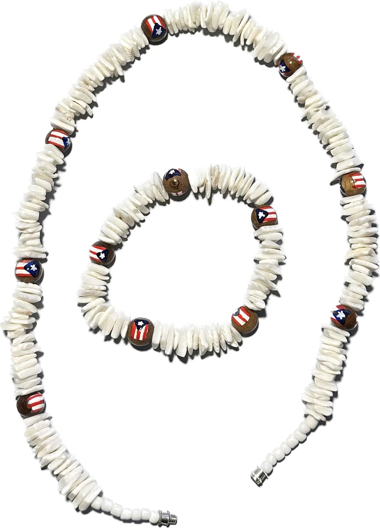 Puerto Rico Flag Unisex Shells & Coconut Wood Bracelet / Necklace