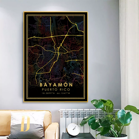 Caguas or Bayamón Canvas GOLD ROADS City Map Poster - Puerto Rico