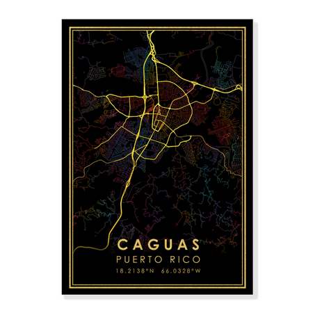 Caguas or Bayamón Canvas GOLD ROADS City Map Poster - Puerto Rico