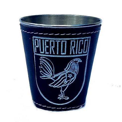 Puerto Rico Rooster Metal Black Leather Wrapped Shot Glass