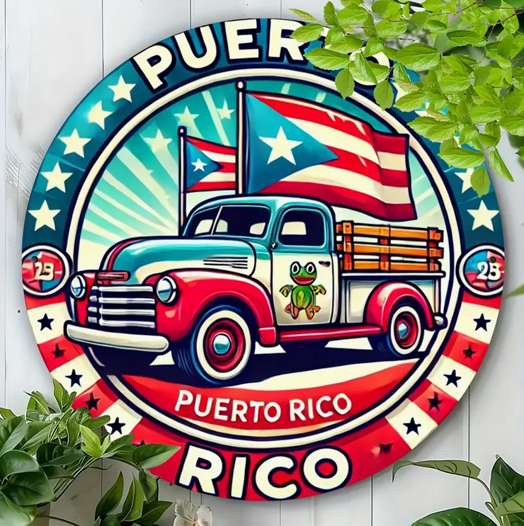 Vintage Puerto Rico Truck & Floral Design 8x8" Round Aluminum Sign