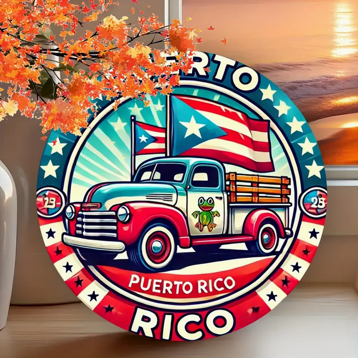 Vintage Puerto Rico Truck & Floral Design 8x8" Round Aluminum Sign