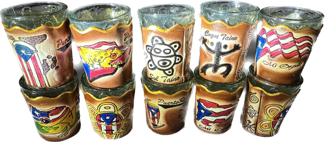 Puerto Rico Taino Leather Wrapped Glass Shot Glasses (Set of 4)