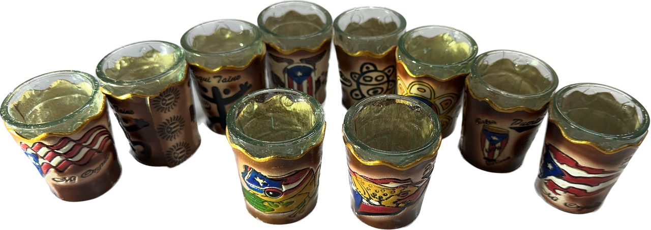 Puerto Rico Taino Leather Wrapped Glass Shot Glasses (Set of 4)