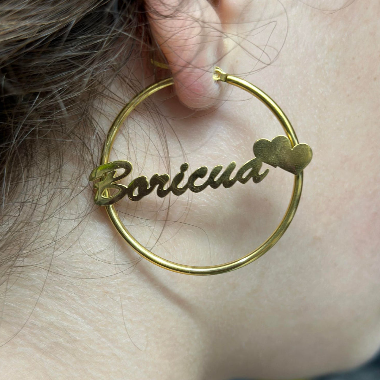 Gold Double Heart Hoop Boricua Earrings