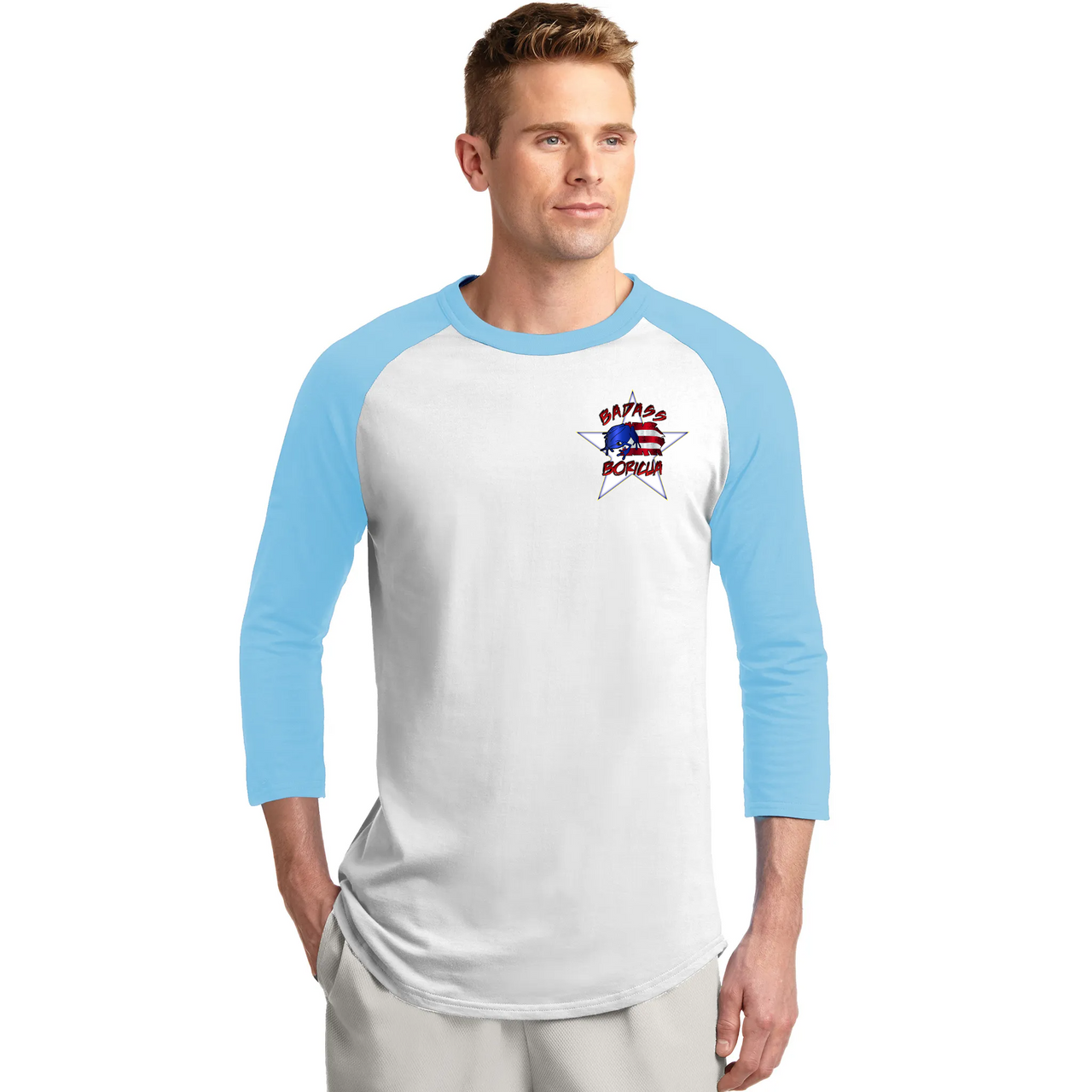 Badass Boricua Front and Back Image Baseball Sleeve Shirt