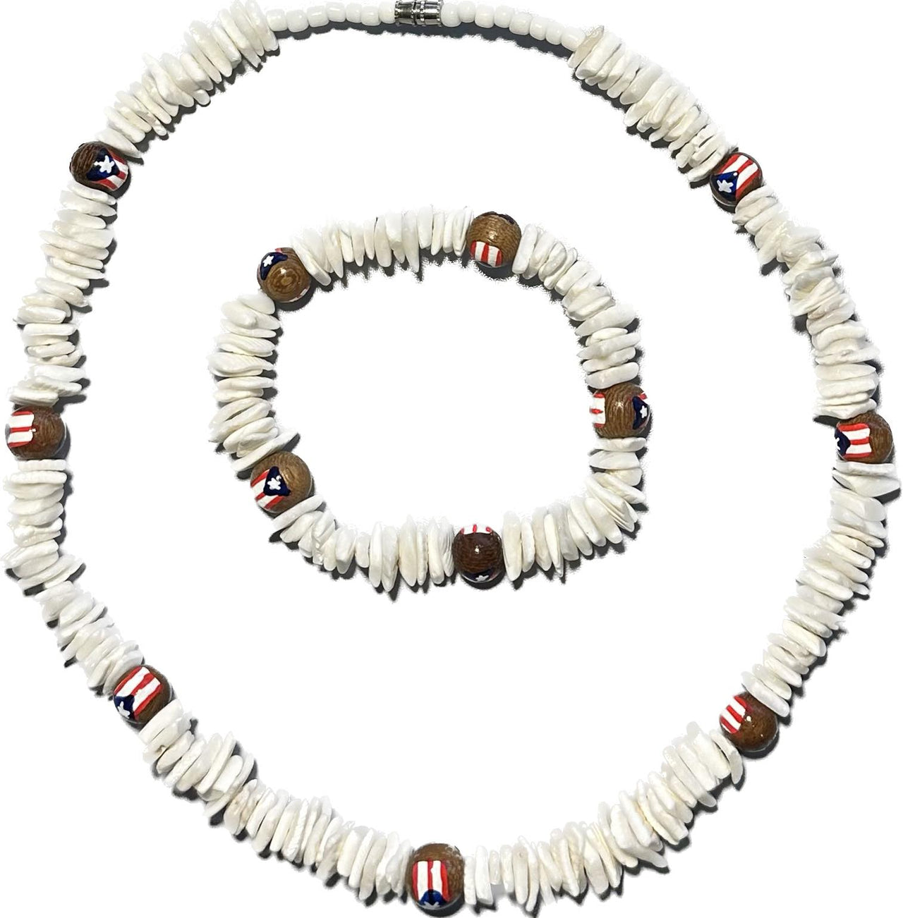 Puerto Rico Flag Unisex Shells & Coconut Wood Bracelet / Necklace
