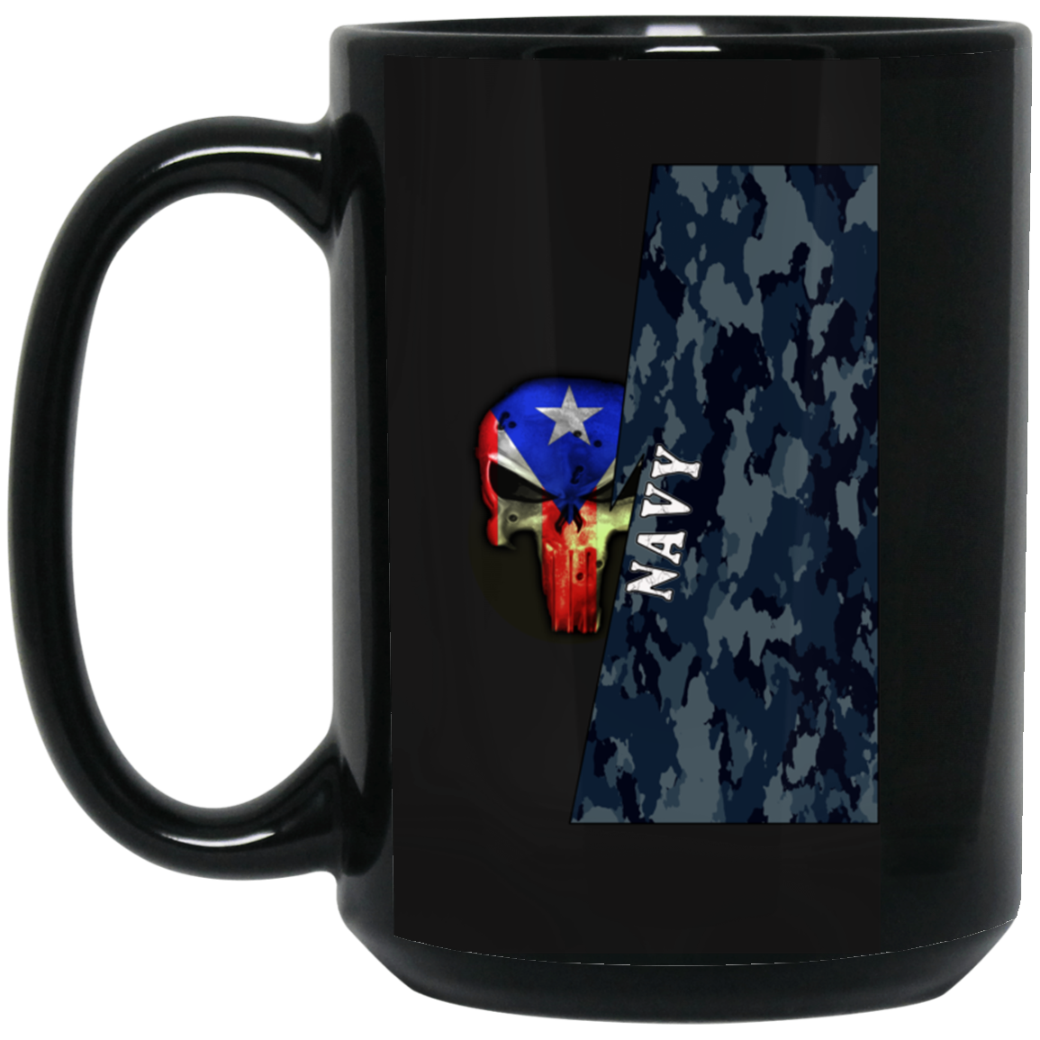 Navy Camo PR Skull -  15 oz. Black Mug