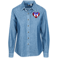 Thumbnail for Embroidered Puerto Rico Heart Flag  Women's LS Denim Shirt (Small-4XL)