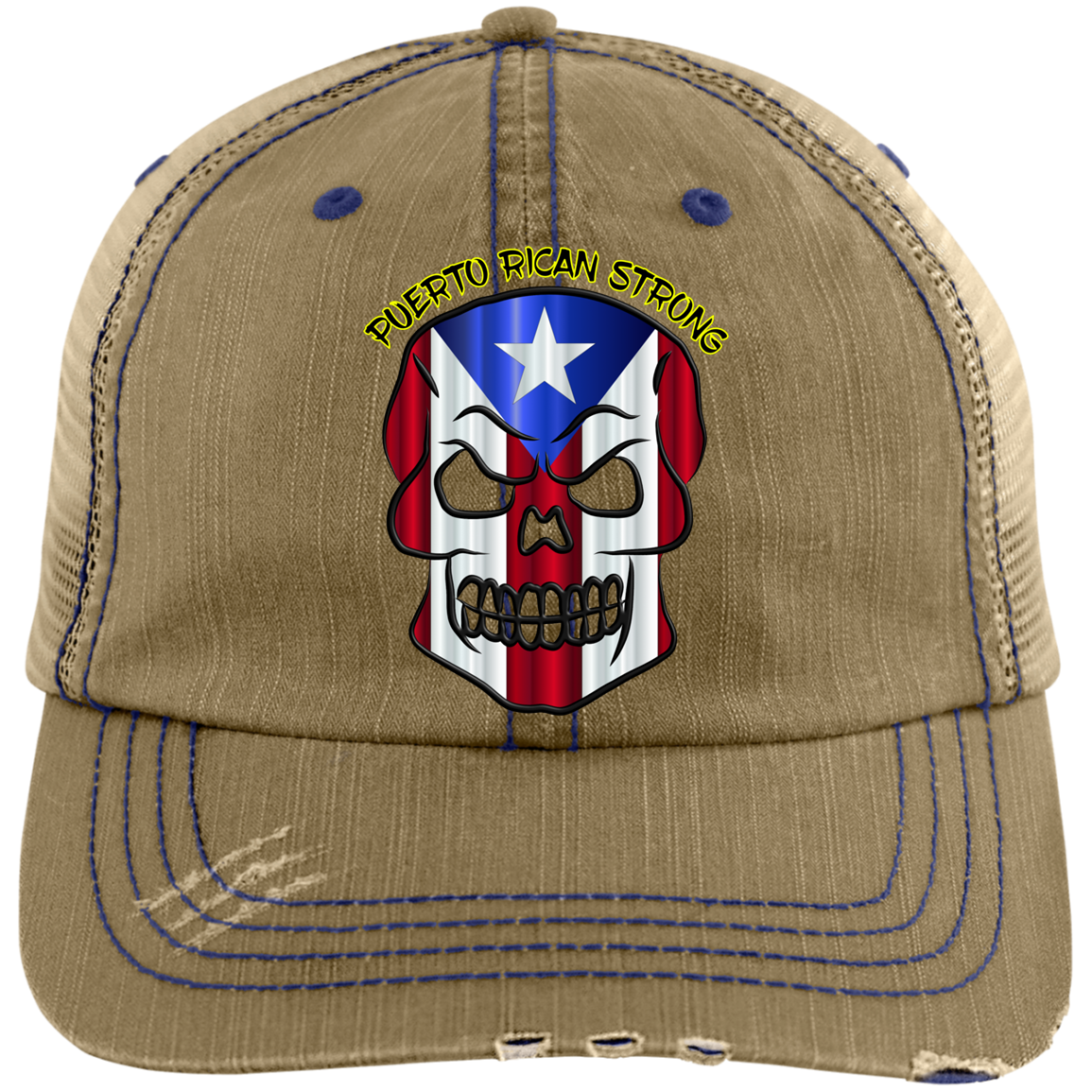 PR STRONG SKULL Distressed Unstructured Trucker Cap