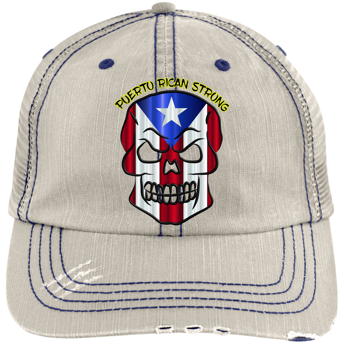 PR STRONG SKULL Distressed Unstructured Trucker Cap