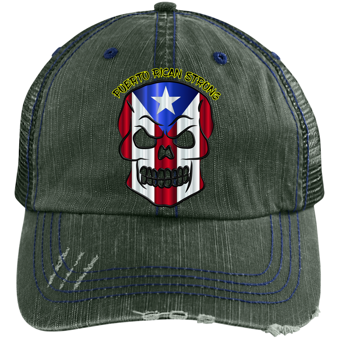 PR STRONG SKULL Distressed Unstructured Trucker Cap